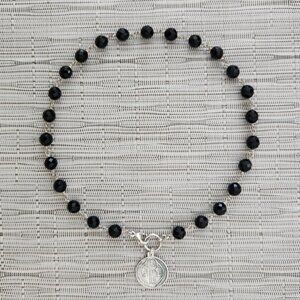 BLK ONYX BEADED CHOKER NECKLACE WITH STERLING SILVER ST.BENEDICT. PENDANT